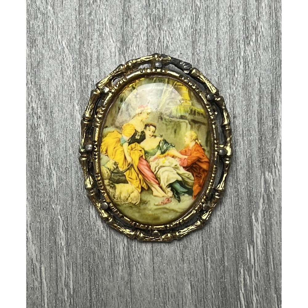 Vintage Gold Tone Oval Brooch Pin Enamel Painted Scene Ladies